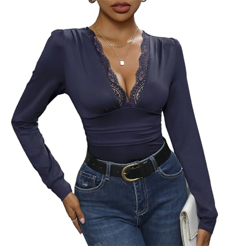 Daysskk Spitzenbody Navy blau Damen Elegant Bodysuit Langarm V-Ausschnitt Spitze Oberteile Damen XL von Daysskk