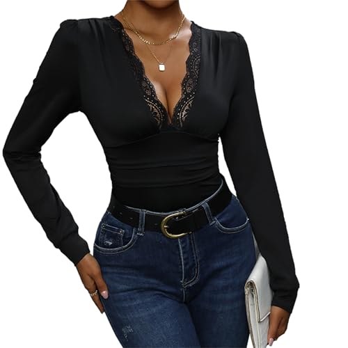 Daysskk Spitzenbody Schwarz Damen Elegant Bodysuit Langarm V-Ausschnitt Spitze Oberteile Damen M von Daysskk