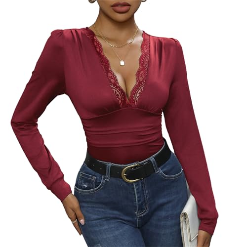 Daysskk Spitzenbody Weinrot Damen Elegant Bodysuit Langarm V-Ausschnitt Spitze Oberteile Damen S von Daysskk