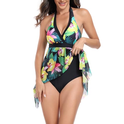 Daysskk Tankini Damen Set Badekleid mit Slip Badeanzug Zweiteilig Tankini Damen Bauchweg Badekleid Damen Push Up Bademode Damen Blumen Swimsuit Beachwear L von Daysskk