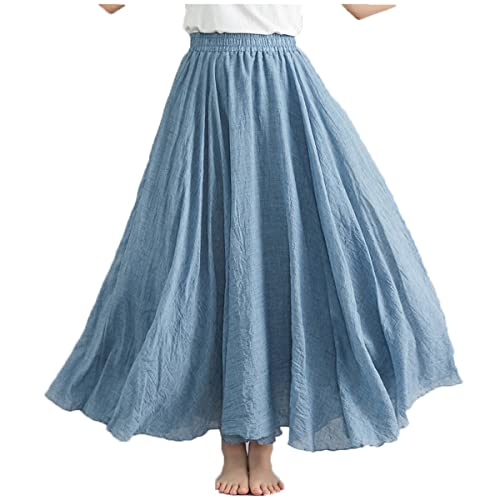 Daysskk Tanzrock Damen Hohe Taille Maxirock Damen Lang Sommer Rock Damen Boho Blau Strandrock Damen Lang Sommerrock Damen Leinen für Freizeit Urlaub Strand 85Cm von Daysskk