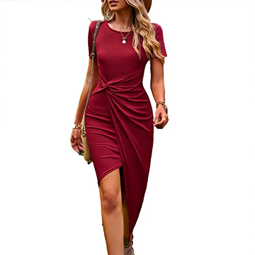 Daysskk Tshirt Kleid Damen Elegant Enges Kleid Damen Kurzarm Sommer Kleidung für Damen Bodycon Kleid Damen Midi Sexy Wickelkleid Damen Sommer Rot M von Daysskk