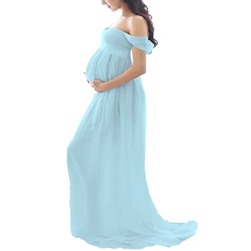 Daysskk Umstandskleid Fotoshooting Blau Schwangerschaftskleider Fotoshooting Lang Damen Schwangerschaftskleid Chiffon Off Shoulder Babybauch Shooting Outfit S von Daysskk