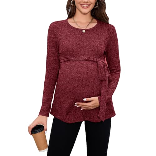 Daysskk Umstandsshirt Langarm Rot Umstandsmode Oberteil Langarm Maternity Long Sleeve Tops Langarmshirts für Schwangere Umstandsbluse Herbst L von Daysskk