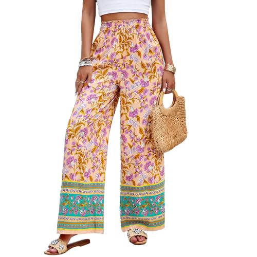 Daysskk Weite Hose Damen Blumen Strandhose Damen Sommer Elastischer Bund Sommerhose Damen Leicht Palazzo Hose Damen Boho High Waist Viskose Hose Damen Sommer Leicht L von Daysskk