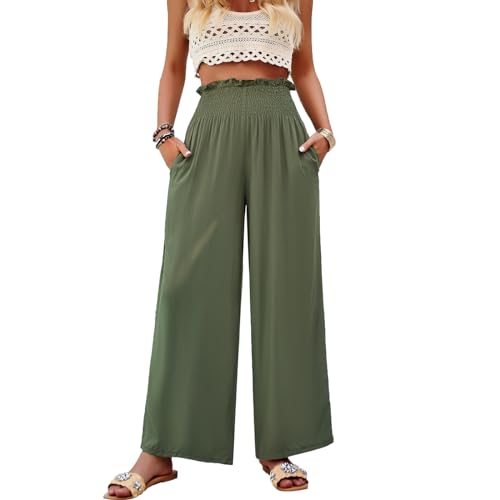 Daysskk Weite Hose Damen Sommer Elastischer Bund Hose Damen Sommer Leicht Hohe Taille Viskose Hose Damen Sommer mit Taschen Damen Sommerhose Locker Armeegrün L von Daysskk