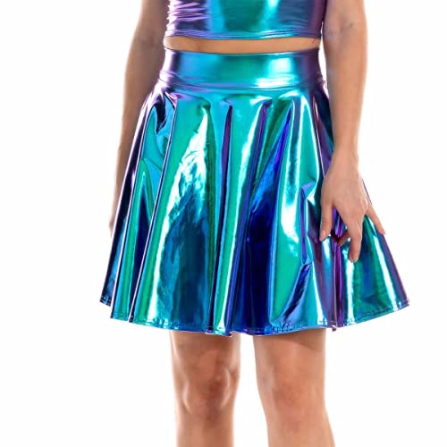 Daysskk Wetlook Rock Damen Minirock Metallic Blau Faltenrock Damen Hohe Taille Skaterrock Lederrock Stretch Glockenrock Damen Karneval Fasching L von Daysskk