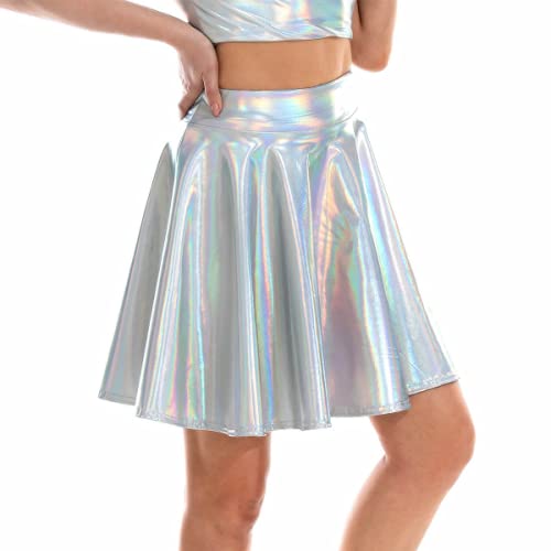 Daysskk Wetlook Rock Damen Minirock Metallic Silber Faltenrock Damen Hohe Taille Skaterrock Lederrock Stretch Glockenrock Damen Karneval Fasching L von Daysskk