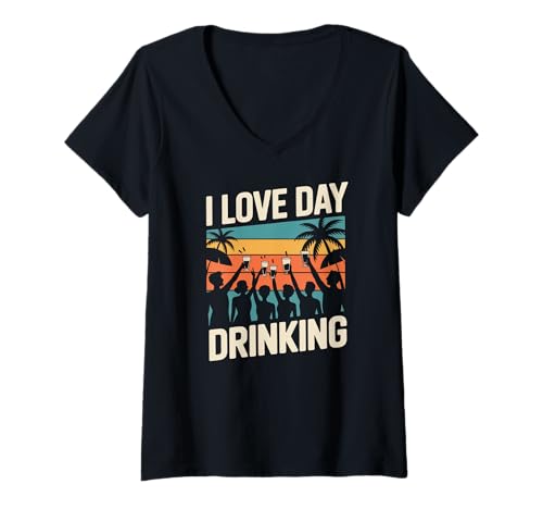 Damen Ich Liebe Day Drinking Retro-Vibes T-Shirt mit V-Ausschnitt von Daytime Cheers Sun Fun Vibes