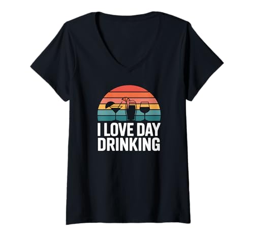 Damen Ich Liebe Tagestrinken, Retro-Sonnenuntergangs-Design T-Shirt mit V-Ausschnitt von Daytime Drinking Enthusiasts Fun Lifestyle