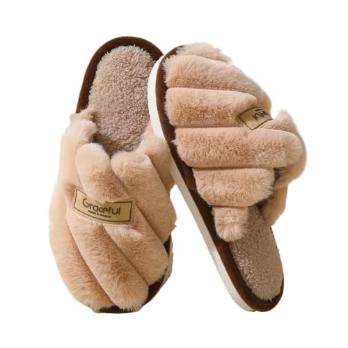 Duschschuhe, Winterhausschuhe for Damen – Warme Hausschuhe aus Baumwolle mit dicker Sohle(Khaki,40 EU) von Dazengzeng