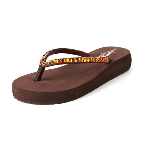 Hausschuhe Damen-Flip-Flops mit mittlerem Absatz – Strand-Hausschuhe mit dicker Sohle und Clip(Brown,39 EU) von Dazengzeng