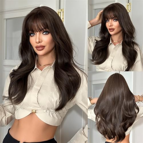 Perücken Echthaar Kaltbraune lockige Perücke mit gewelltem Pony for Frauen, tägliches Vollkopf-Kunsthaar Perücken von Dazengzeng