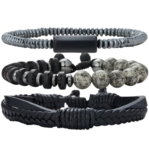 Dazylleco Armband Herren Perlenarmband Naturstein Mehrlagiges Armband Geflochten Verstellbare Schmuck Set Herren Geschenk Vatertag(Black Grey) von Dazylleco