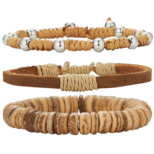 Dazylleco Armband Herren Perlenarmband Naturstein Mehrlagiges Armband Geflochten Verstellbare Schmuck Set Herren Geschenk Vatertag(Camel) von Dazylleco