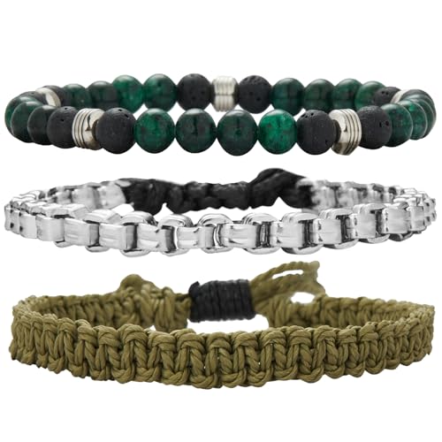 Dazylleco Armband Herren Perlenarmband Naturstein Mehrlagiges Armband Geflochten Verstellbare Schmuck Set Herren Geschenk Vatertag(Green) von Dazylleco
