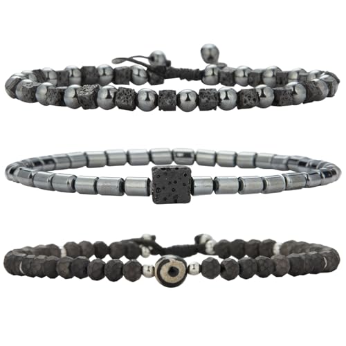 Dazylleco Armband Herren Perlenarmband Naturstein Mehrlagiges Armband Geflochten Verstellbare Schmuck Set Herren Geschenk Vatertag(Grey Eye) von Dazylleco
