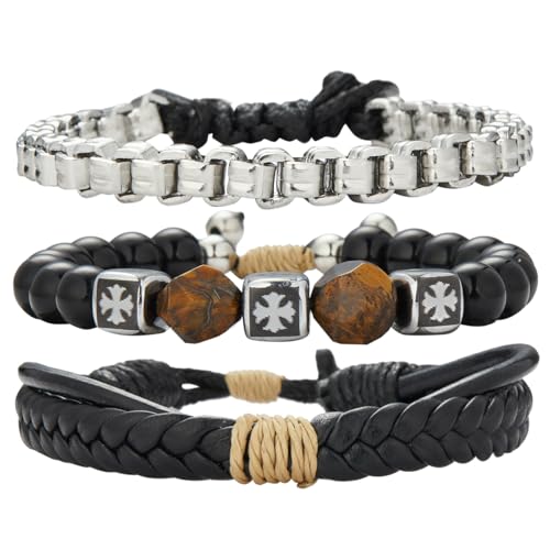 Dazylleco Armband Herren Perlenarmband Naturstein Mehrlagiges Armband Geflochten Verstellbare Schmuck Set Herren Geschenk Vatertag(Square Tiger Eye) von Dazylleco
