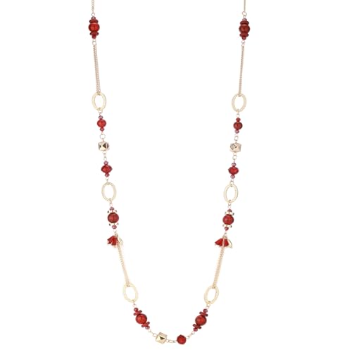 Lange Gold Perlenkette Damen Boho Halskette Gold mit Perlen Modeschmuck Kette Lang Geschenke für Mama(Dark Red) von Dazylleco