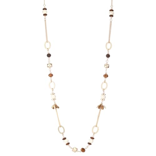 Lange Gold Perlenkette Damen Boho Halskette Gold mit Perlen Modeschmuck Kette Lang Geschenke für Mama(Light Brown) von Dazylleco