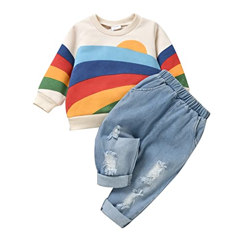 Dazzerake 2 Stück Baby Overalls Kleidung Herbst Winter Unisex Color Block Sweatshirt Pullover Rundhals Langarm Top und Hose, Regenbogen, 9-12 Monate von Dazzerake