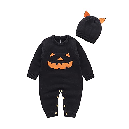 Dazzerake 2 Stück Halloween Baby-Strampler mit langen Ärmeln, gestrickt, Kürbis, Pullover, Halloween-Kleid, Schwarz , 12-18 Monate von Dazzerake
