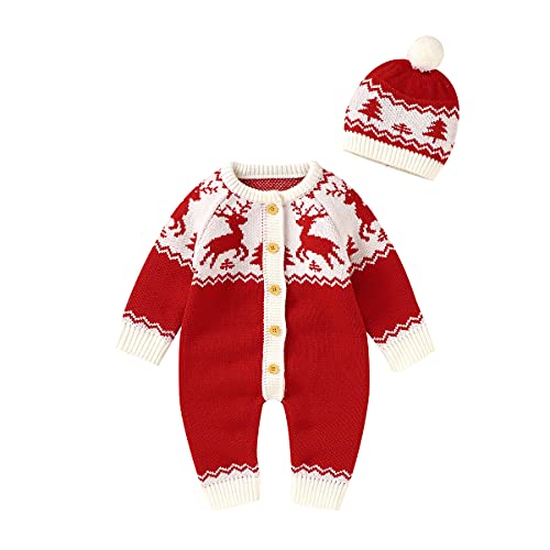 Dazzerake Baby Mädchen Weihnachten Neugeborene Kleinkinder My First Christmas Girl Boy Hose Stirnband Strampler Outfits Babykleidung Bekleidungsset (A Jumpsuit with Hat Rot, 3-6 Monate, 73) von Dazzerake