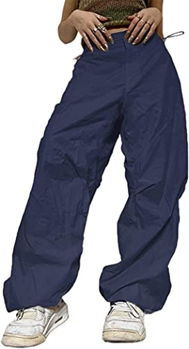 Dazzerake Cargohose für Damen, Baggy Vintage-Hose mit niedriger Taille, breite Hose mit Kordelzug, Sweatshirt, Hippie Streetwear mit Kordelzug, B Blau, S von Dazzerake