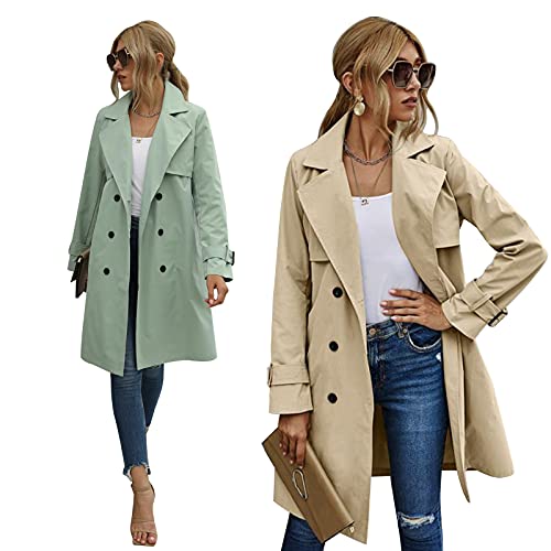 Dazzerake Mantel Damen Trenchcoat Winddichter Jacke Herbst FrÜHling Lang Frauen Cabanjacke Elegant Outdoor Übergangsmantel Übergangsjacke Zweireiher Langer Klassische Puffer Jacke (B Khaki, L) von Dazzerake