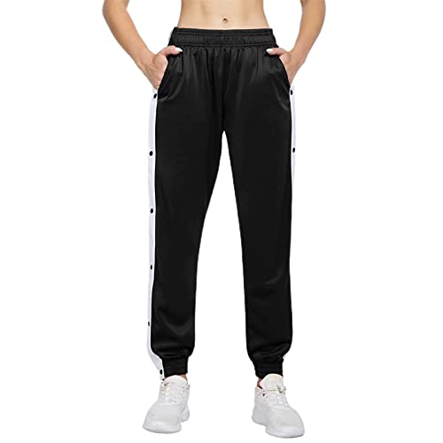 Dazzerake Sportliche Jogging-Hose für Damen mit seitlichen Streifen, mit hohem Beutel, breite Sporthose mit Druckknopfverschluss, Hip Pop Hose, Schwarz , L von Dazzerake