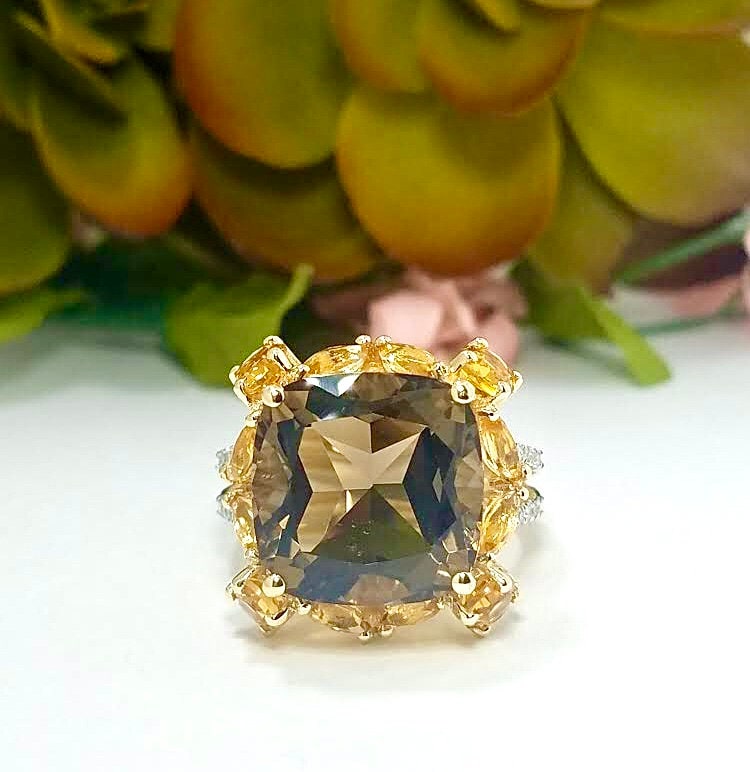 14Kt Gelbgold Ring Mit Rauchquarz, Citrin Und Diamant von DazzleJewelryGoods