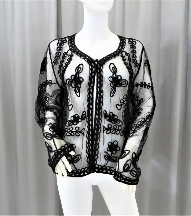 90Er Jahre Vintage Schnürung Spitze Verziert Schwarz Schiere Mesh Abendjacke Verheimlichung Top Größe Xl Brust 42 Formelle Kleidung Romantisch von DazzleMyDay