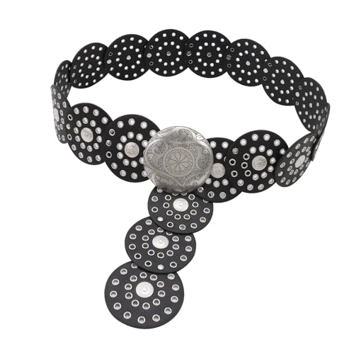 Dazzleimart Hohl Disc Gürtel Westernstil Übertriebene Cowboy Breite Disc Gürtel Metallschnalle Vintage Weich Langlebig Gürtel für Frauen, Schwarz Silber-a, 105cm(41.34in) x Width: 8.8cm(3.46in) von Dazzleimart