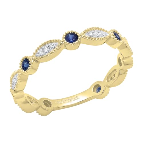 Damen-Ehering, 18 Karat Gelbgold, runder blauer Saphir und weißer Diamant, stapelbar, Größe 9,5, Blauer Saphir, Diamant, Gold, Blauer Saphir Weißer Diamant von DazzlingRock Collection