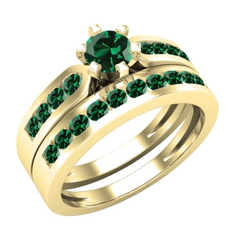 DazzlingRock Collection 4,6 mm Center Round Lab Created Emerald Solitaire Studded Shank Wedding Ring Set for Women in 14K Solid Gold, 4, Lab-created Emerald Gelbgold, Lab-created Emerald von DazzlingRock Collection