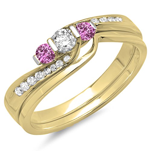 DazzlingRock Collection Damen 14K Gold Rund Rosa Saphir-Weiß-Diamant-Strudel Braut 3 Stein-Ring-Band-Set 6 von DazzlingRock Collection