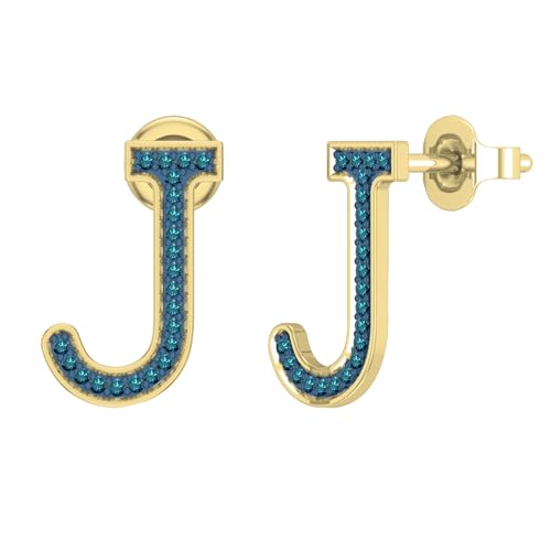 Dazzlingrock Collection 0,11 Karat runder blauer Diamant Initiale "J" Buchstaben-Ohrstecker für Frauen in 14 Karat massivem Gold, Push Back, Gelbgold Natürlicher blauer Diamant Gelbgold, Natürlicher von DazzlingRock Collection