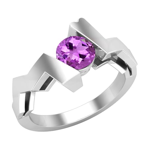 Dazzlingrock Collection 5 mm runder Amethyst-Zick-Zack-Solitär-Verlobungsring für Damen aus 925er Sterlingsilber, 6, Sterling Silber Natürlicher Amethyst Aus Sterlingsilber, Amethyst von DazzlingRock Collection