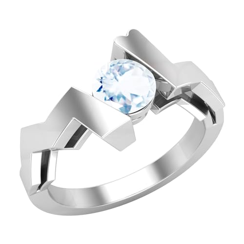 Dazzlingrock Collection 5 mm runder Aquamarin-Zick-Zack-Solitär-Verlobungsring für Damen aus 925er Sterlingsilber, 5.5, Natürlicher Aquamarin Sterlingsilber, Natürlicher Aquamarin von DazzlingRock Collection