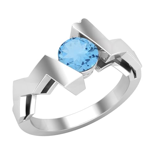 Dazzlingrock Collection 5 mm runder Blautopas Zickzack-Solitär-Verlobungsring für Damen aus 925er Sterlingsilber, 7.5, Natürlicher Blautopas, Sterlingsilber, Natürlicher Blautopas von DazzlingRock Collection