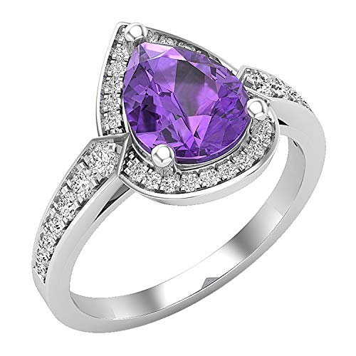 Dazzlingrock Collection 9 x 7 mm birnenförmiger Amethyst und runder weißer Diamant in Tropfenform, Verlobungsring für Damen, 925er-Sterlingsilber, Amethyst, weißer Diamant, Sterlingsilber, Amethyst von DazzlingRock Collection