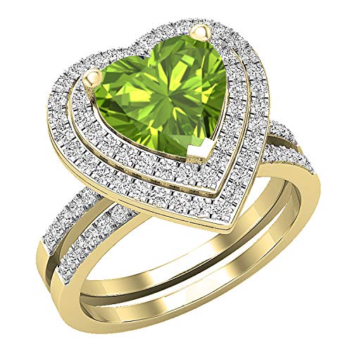 Dazzlingrock Collection Damen-Verlobungsring-Set, 8 mm, Herz-Peridot und runder weißer Diamant, 18 Karat Gelbgold, Größe 7,5, Peridot Weißer Diamant von DazzlingRock Collection