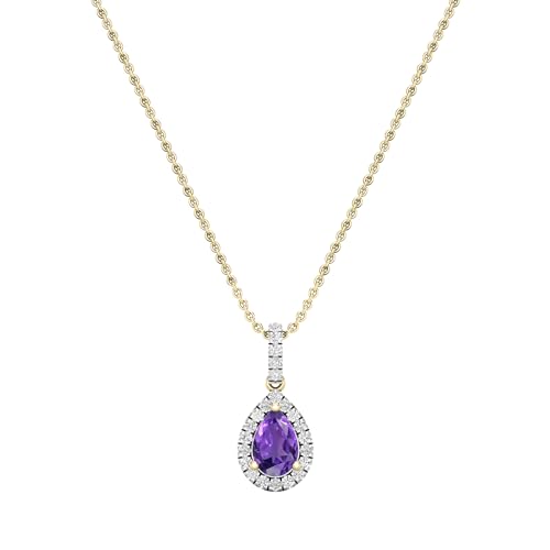 Dazzlingrock Collection Halskette mit Anhänger in Tropfenform, 9 x 6 mm, Amethyst, runder weißer Diamant, mit 45,7 cm langer Kette aus 14 Karat massivem Gold, Gold Chain, Natürlicher Amethyst, von DazzlingRock Collection