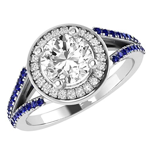 Dazzlingrock Collection IGI-zertifizierter Verlobungsring für Damen, 5,8 mm, runder Mittelpunkt und Seite, weißer Diamant, mit seitlichem blauem Saphirschaft, Verlobungsring für Damen, aus 925er von DazzlingRock Collection