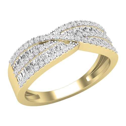 Dazzlingrock Collection Verlobungsring für Damen, Baguette und runder weißer Diamant, gekreuzter Wirbel, 0,63 Karat, massives Gold, 6.5, Natürlicher weißer Diamant 14 Karat massives Gelbgold, Diamant von DazzlingRock Collection