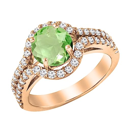 Dazzlingrock Collection Verlobungsring für Damen, runder Edelstein und weißer Diamant, Halo, geteilter Schaft, 6,5 mm, 14 Karat Gold, 4, Natürlicher Peridot, natürlicher weißer Diamant, 14 Karat von DazzlingRock Collection