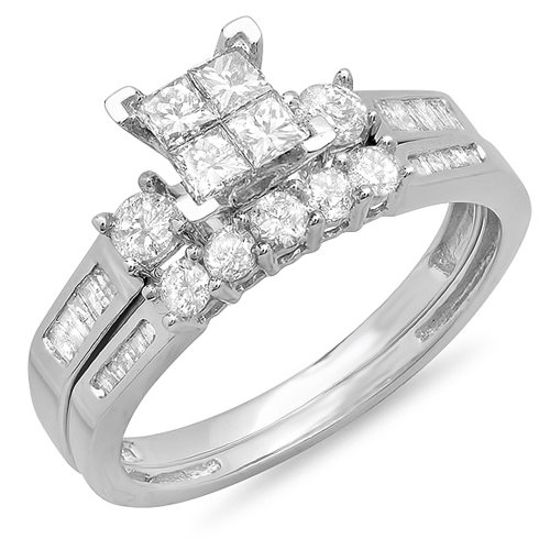 Dazzlingrock Collection Verlobungsring mit 1,20 Karat (ctw) 18 Karat Gold Prinzessin, Rund- und Baguetteschliff Diamant mit Band-Set 1 1/4 Karat Weißgold, Diamant, Weißgold, Diamant von DazzlingRock Collection