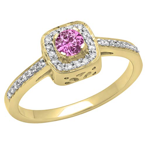 Dazzlingrock Collection 14 Karat 3,9 mm runder Edelstein & Diamant Damen Halo-Stil Verlobungsring Gelbgold, Rosa Saphir, Diamant, Gold, Saphir von DazzlingRock Collection