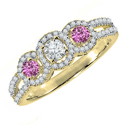 Dazzlingrock Collection Verlobungsring aus 14 Karat Gold, runder rosa Saphir und weißer Diamant, 3 Steine, geteilter Schaft, Gelbgold, Diamant von Dazzlingrock Collection