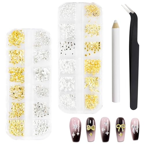 2Boxes 3D Nail Charms, Gold Silber Nagel Charms Set Enthält Bowknot Star Nagelnieten, Pinzette, Punktbohrstift, gemischte Metall Nail Art Dekorationen Zubehör für Frauen Mädchen Nail Art Design 2Boxes 3D Nail Charms, Gold Silber Nagel Charms Set Enthält Bowknot Star Nagelnieten, Pinzette, Punktbohrstift, gemischte Metall Nail Art Dekorationen Zubehör für Frauen Mädchen Nail Art Design von Dazzroi